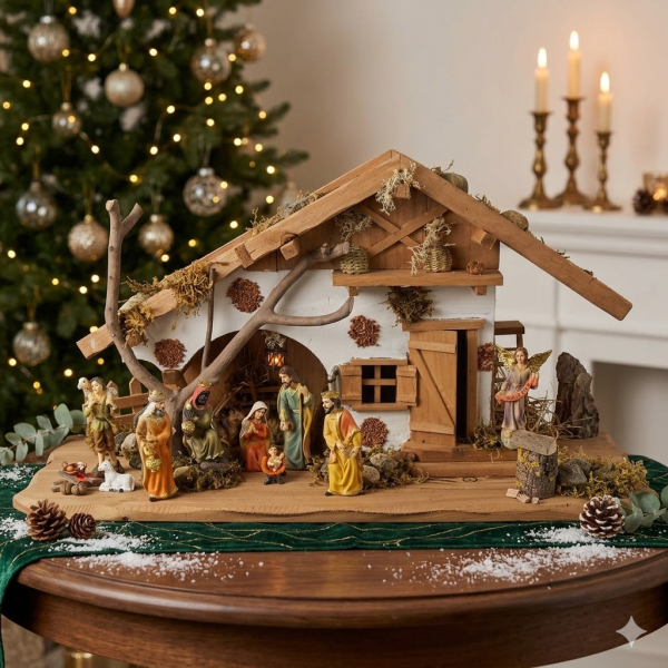 Festliche Weihnachtskrippe Basel braun inkl. 12-tlg. Figurensatz K 650-9, Maße Krippe: ca. 55 x 20 x 28 cm
